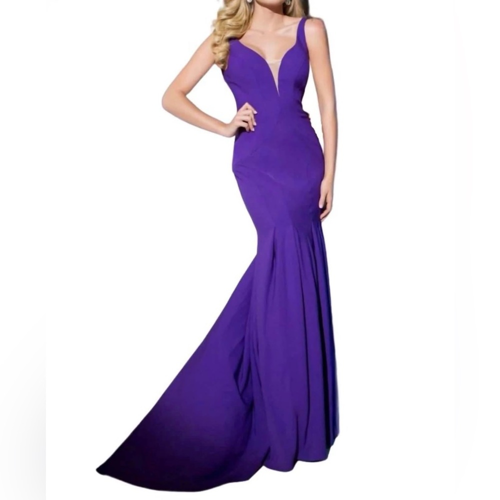 Tony Bowls Purple Sleeveless Plunge Prom Gown